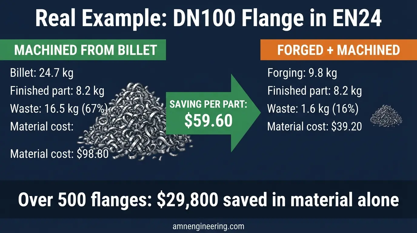 Cost savings breakdown for a DN100 EN24 flange comparing raw material cost when machined from billet versus forged plus machined, showing the per part and per batch savings